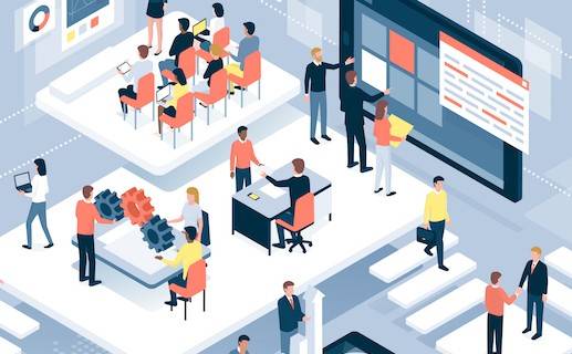 Isometric virtual office with business people working together and mobile devices: business management, online communication and finance concept